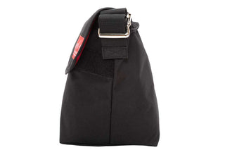 small vintage messenger bag black side profiile