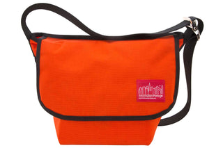 small vintage messenger bag orange front view with manhattan portage seal